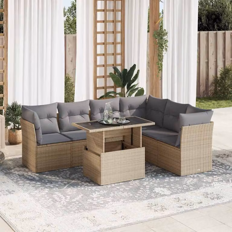 Set Divani da Giardino vidaXL 7 pz con Cuscini Beige e Tavolino in Polyrattan e Metallo