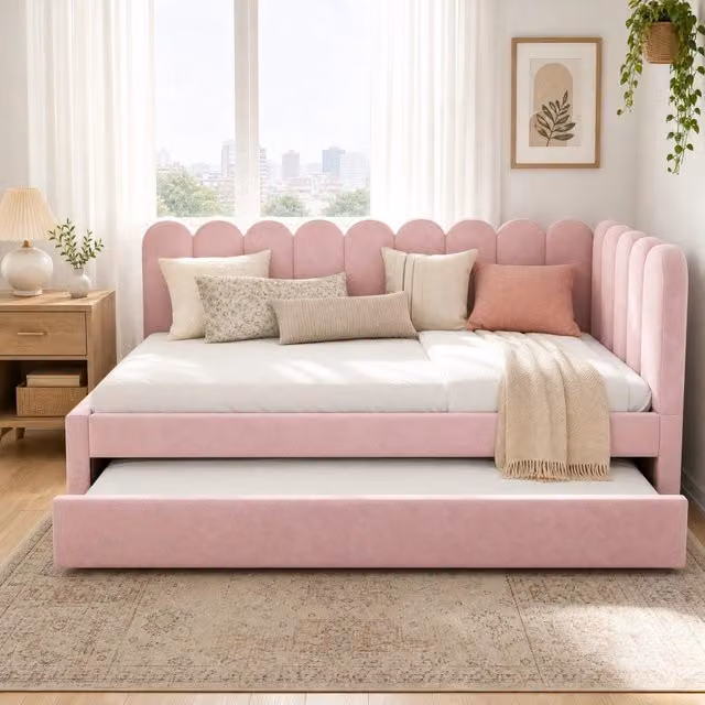 Letto da giorno imbottito ULEVR 140x200 cm a L con letto estraibile, schienale a petalo e rivestimento rosa