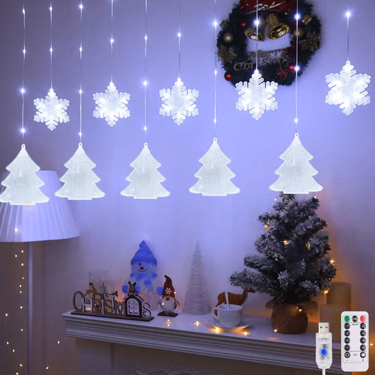 Tenda luminosa a LED, 2 metri, 160 LED, con decorazioni a forma di fiocchi di neve e alberi di Natale, grado di protezione IP44