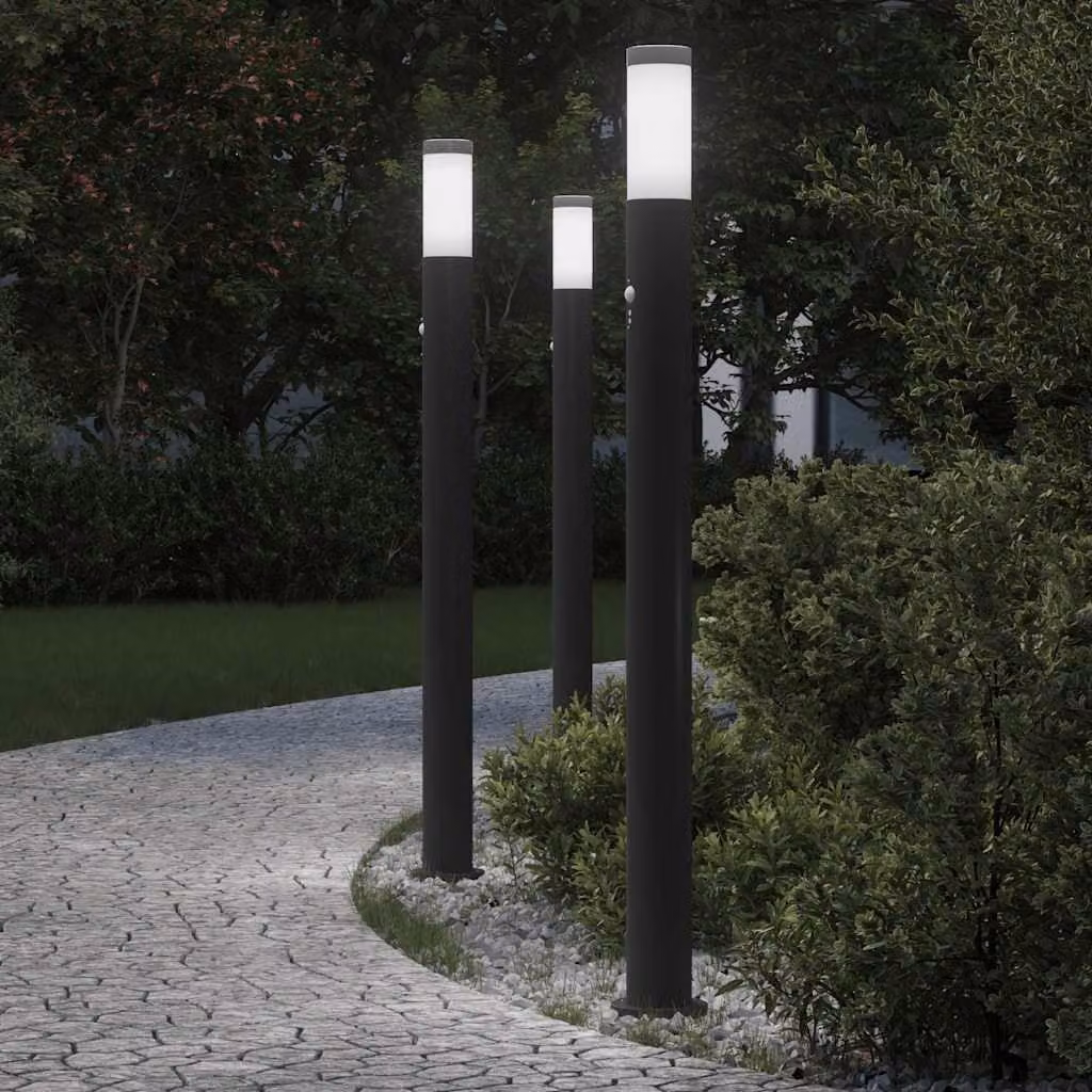 Set di 3 lampioni a paletto vidaXL con sensore di movimento, colore nero, in acciaio inox e metallo, IP44, Altezza: 110 cm