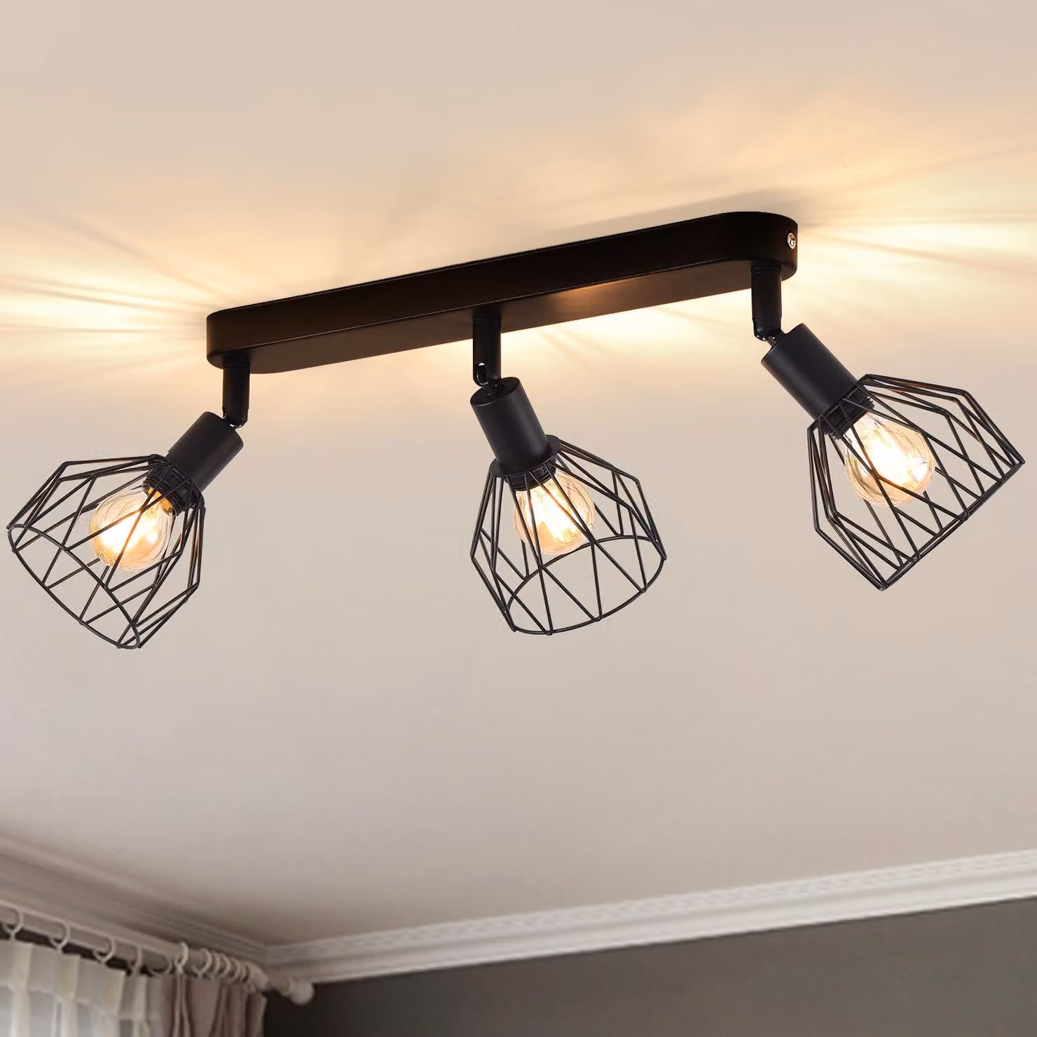 ANWIO Faretto da soffitto a 3 luci nero, lampada da soffitto vintage E14 orientabile, faretto da soffitto a 3 luci, lampada da soffitto LED, lampada da soggiorno, lampada da cucina da soffitto (senza lampadine) EUC-EA190813-14-03RB-1U