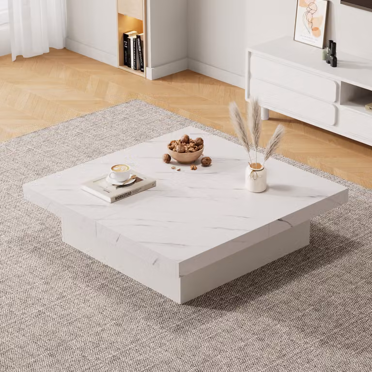 okwish Tavolo da conferenza quadrato con effetto marmo, 90 x 90 x 25 cm - Quattro cassetti, Piano scorrevole, Capacità di carico fino a 30 kg, Bianco
