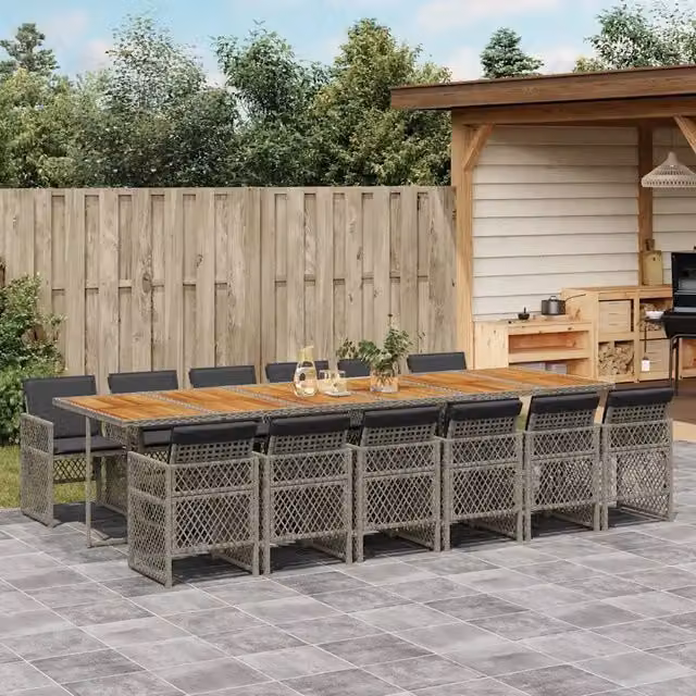 Set da pranzo da giardino vidaXL in polyrattan e legno di acacia con cuscini grigi, 13 pezzi – 1