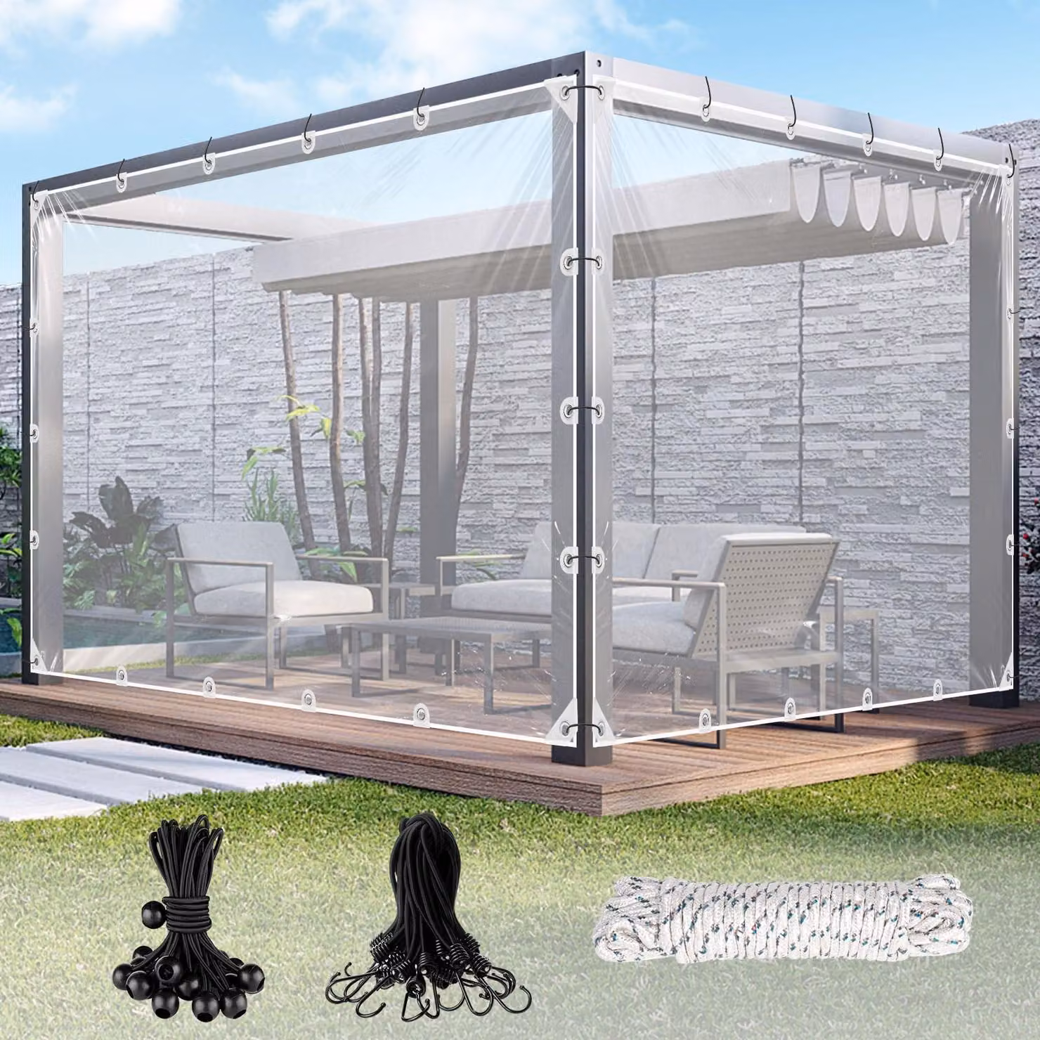 Telo trasparente con occhielli, dimensioni 2 x 2 metri, completo di materiale di fissaggio
