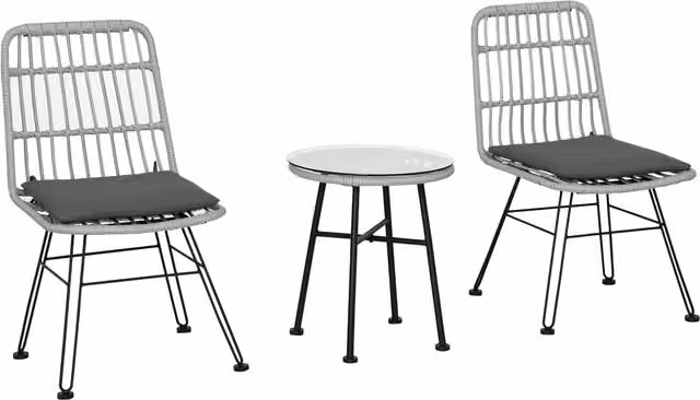 Set da giardino Outsunny composto da 3 pezzi con tavolino rotondo in vetro e sedie in rattan PE e acciaio, design moderno per esterni, Grigio