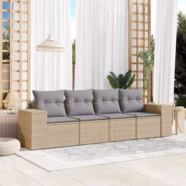 Set Divano da Giardino 4 pz con Cuscini-Sofa da Giardino-Divanetto da esterno Beige in Polyrattan 154511