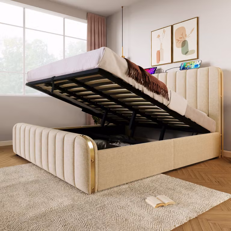 Letto imbottito Flieks 180x200cm con funzione di ricarica (USB, Type-C), letto matrimoniale contenitore con rete a doghe, letto a molle idrauliche per ragazzi, biancheria