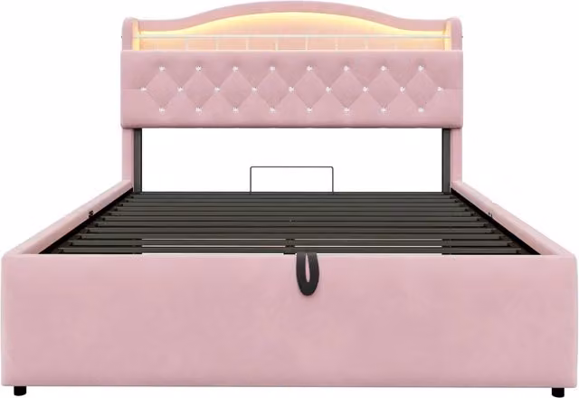 Letto contenitore matrimoniale in velluto rosa con porta USB, luci di lettura integrate e vani testiera, L/P/H: 140 x 200 x 221 cm