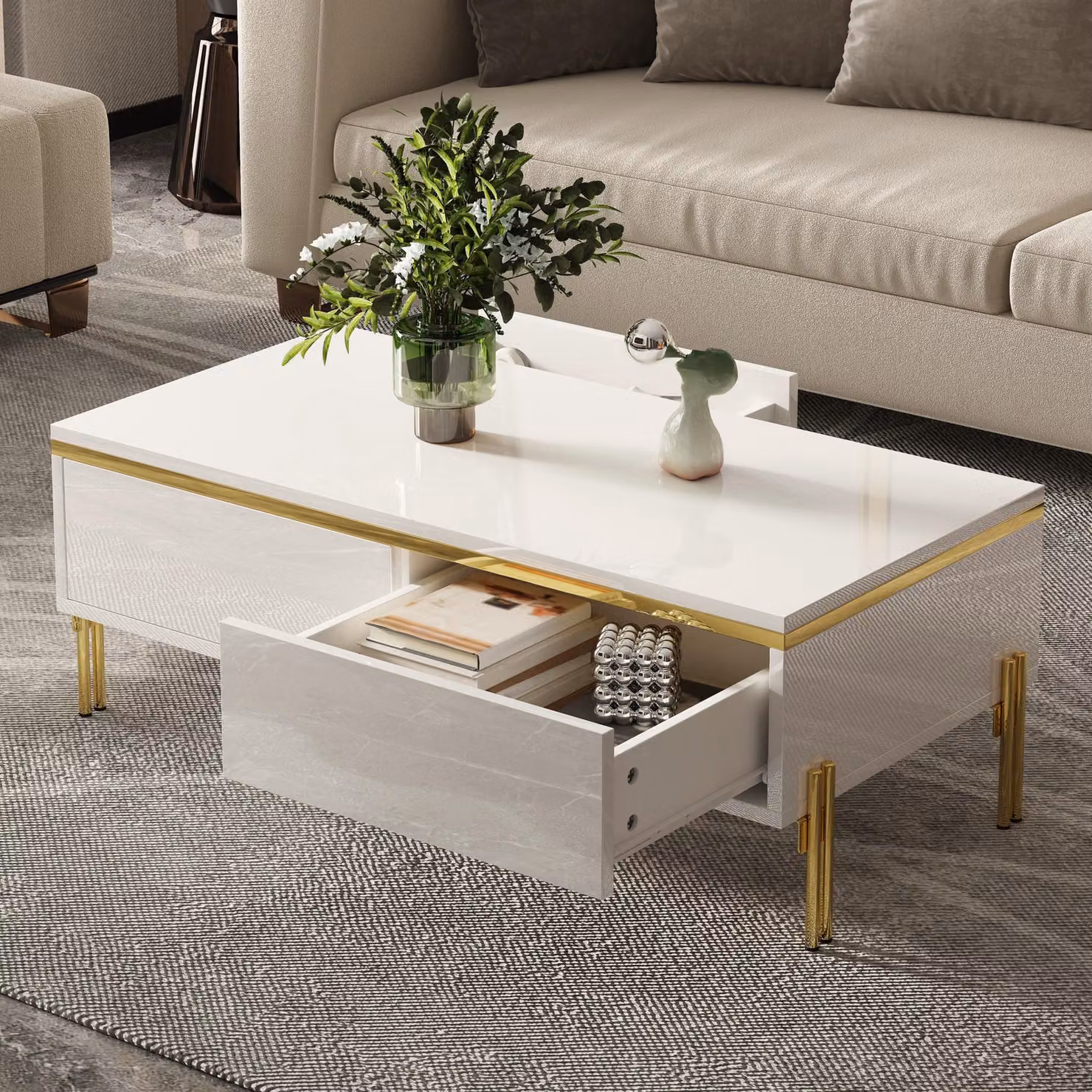 MODFU Tavolo da conferenza moderno, 100x50x36 cm, con cassetti, tavolino da salotto, bianco