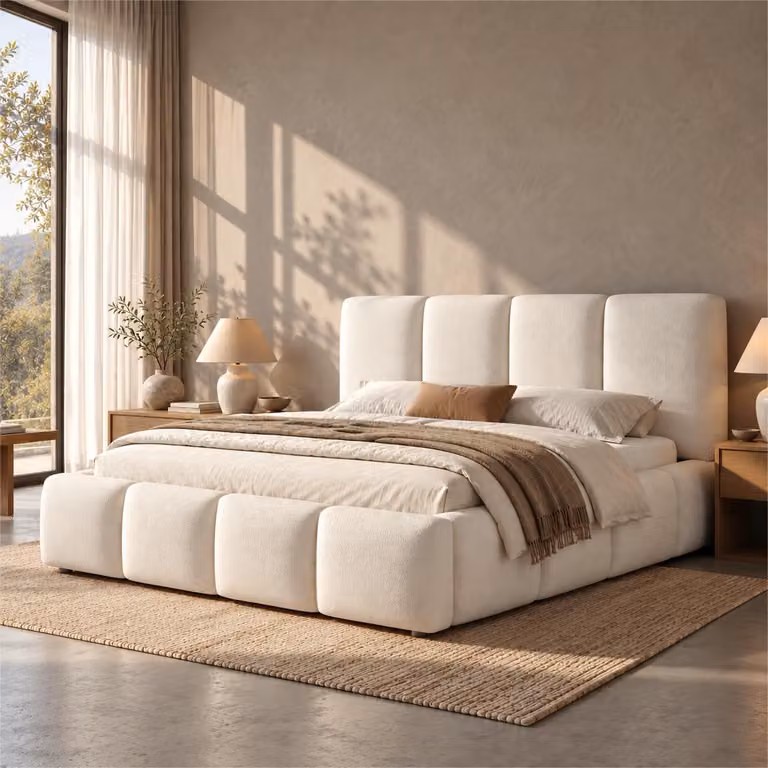 Letto imbottito okwish 160x200 con contenitore, testiera imbottita, rete a doghe, letto matrimoniale con spazio contenitivo, letto per ragazzi, colore bianco, tessuto bouclé, senza materasso