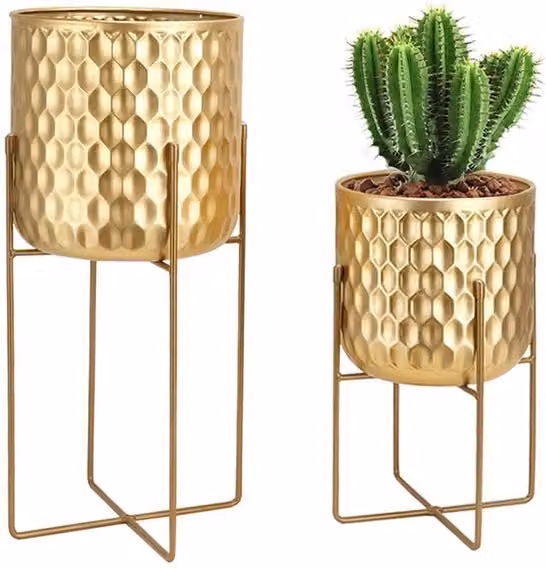 Set di 2 stendardi per piante in metallo 31 cm & 45 cm Sostegni per fiori Stendardi moderni per vasi di fiori Interno Esterno Salotto Giardino Terrazza Balcone Patio Decorazione (Oro)