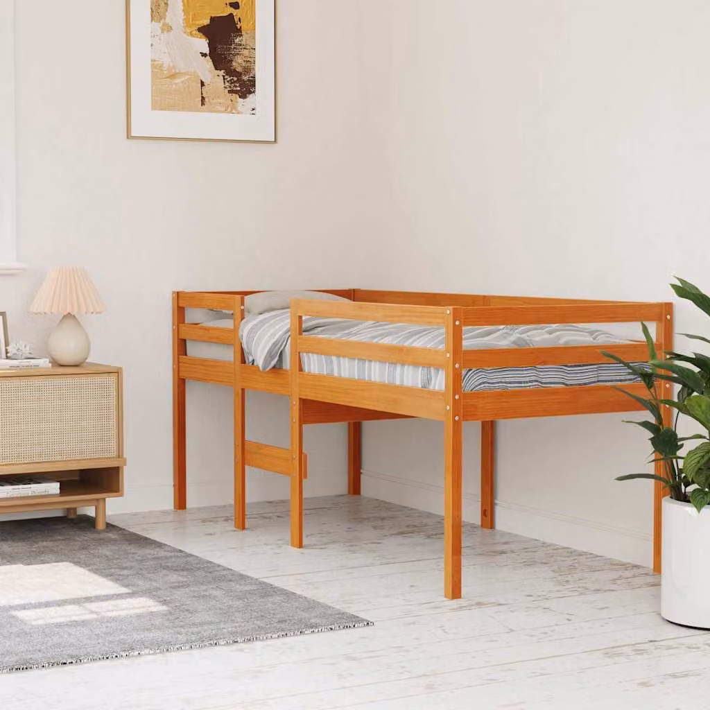 Letto a soppalco singolo vidaXL in legno massello di pino color marrone cera L: 195,5 cm, P: 80,5 cm, H: 89 cm