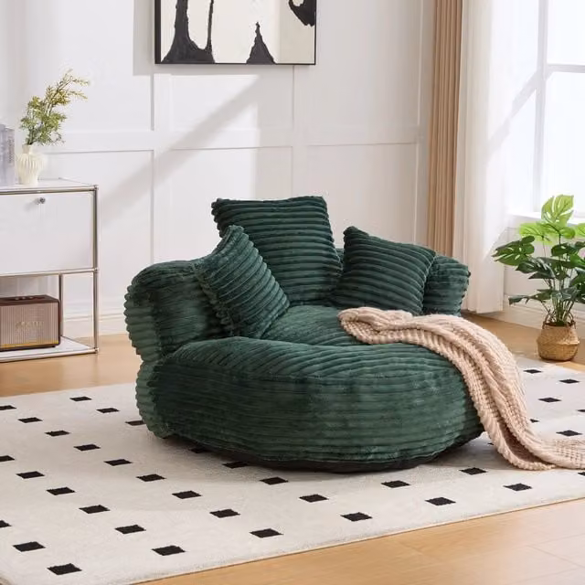 Poltrona sacco OKWISH in velluto a coste verde, design moderno con schienale alto e braccioli per soggiorno e camera da letto, L: 108 cm, P: 108 cm, H: 52 cm