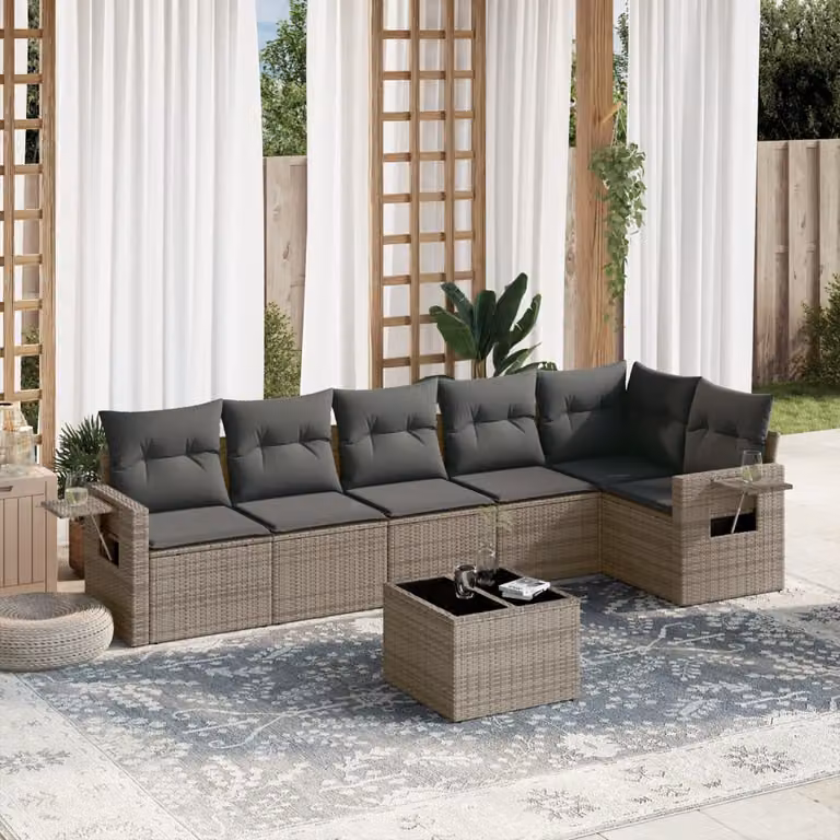 Set di divani da giardino vidaXL in polyrattan grigio con cuscini e tavolino da esterno a forma di L