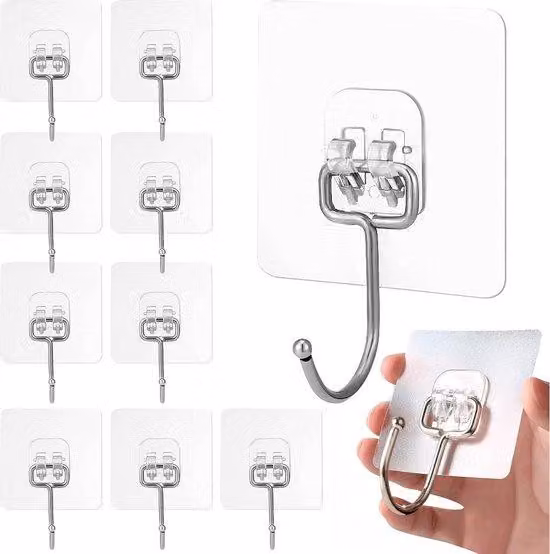 10 ganci adesivi grandi - Impermeabili e resistenti alla ruggine - Trasparenti - Per cucina e bagno: ganci adesivi da soffitto