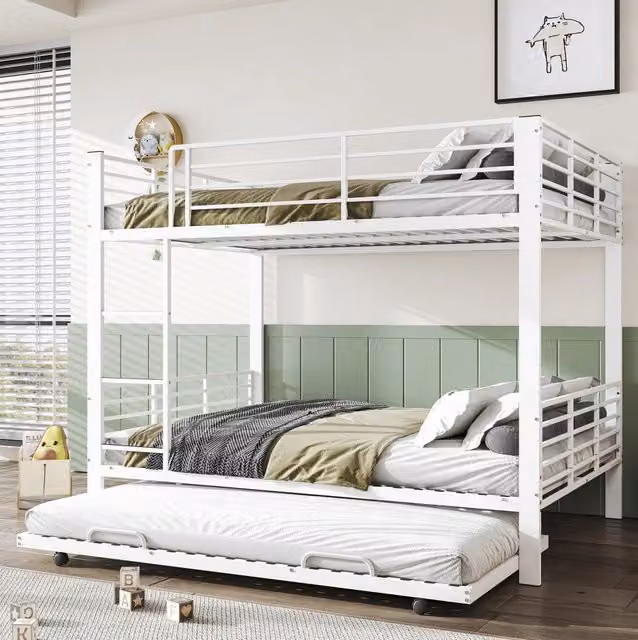 Letto a castello 140x200 cm in metallo bianco con letto estraibile, salvaspazio –