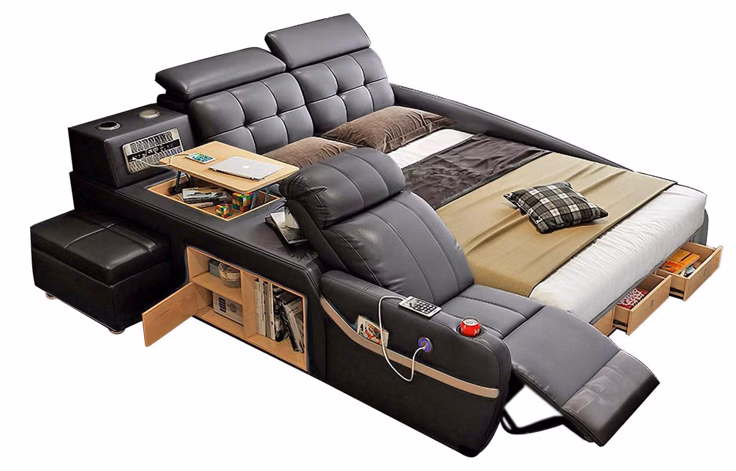 Letto multifunzionale, stile moderno, color beige, struttura in legno, comodo