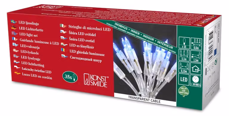 Catena luminosa a LED, 35 diodi blu, 230V, per uso interno, trasparente
