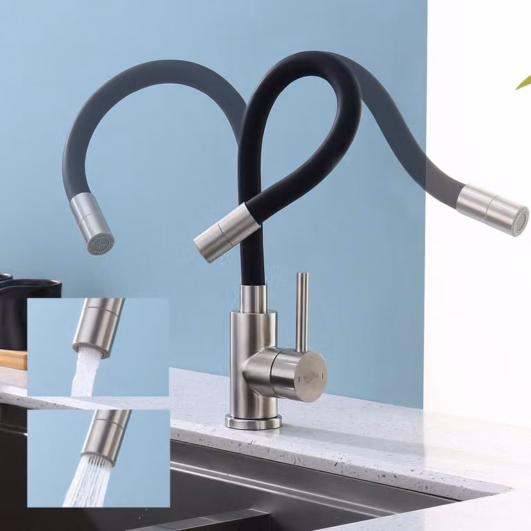 Miscelatore da cucina flessibile a 360°, nero, in acciaio inossidabile, con 2 getti e aeratore a risparmio idrico