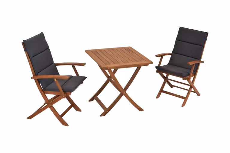 Set di mobili da giardino Merxx Comodoro 5 pezzi, 2 poltrone pieghevoli, 2 cuscini, 1 tavolo pieghevole 70 x 70 cm - Eucalipto