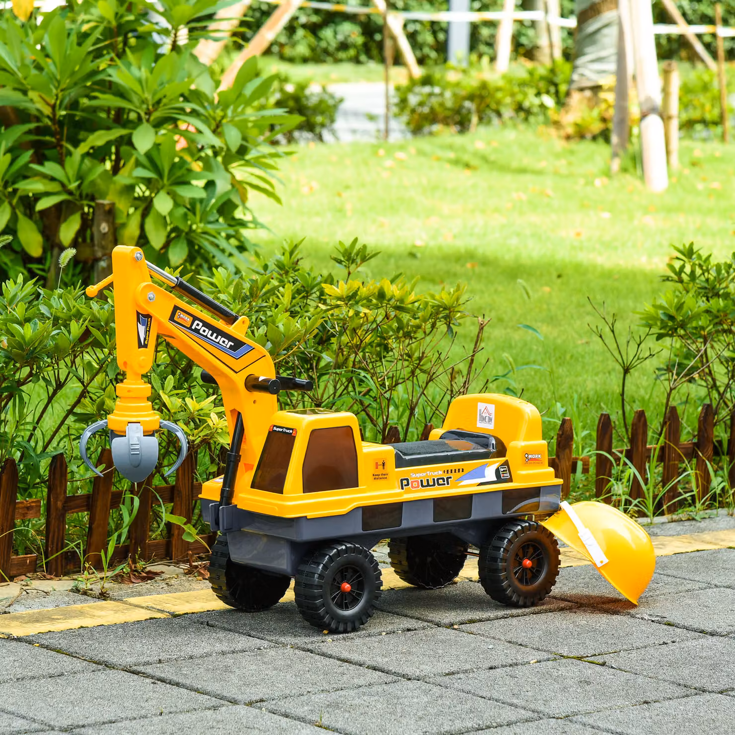 HOMCOM Ruspa a spinta 2 in 1 con Escavatore e Mordente per Bambini 2-3 Anni, Giallo, L: 90 cm, P: 28 cm, H: 58 cm – 2