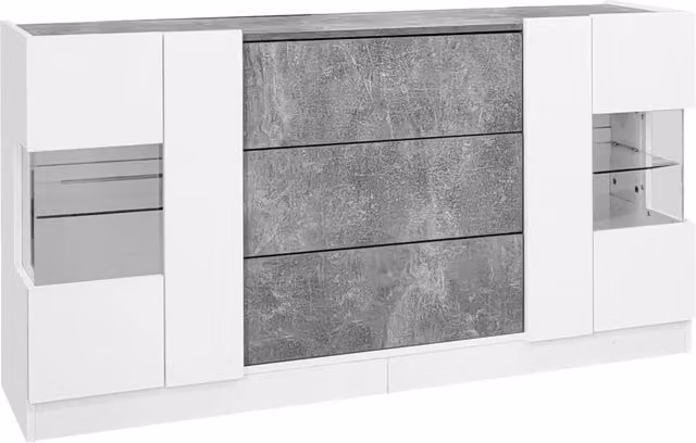 Sideboard elegante con 2 ante, 3 cassetti, finiture bianche lucide e effetto marmo grigio, LED a 16 colori, 140x35x75 cm