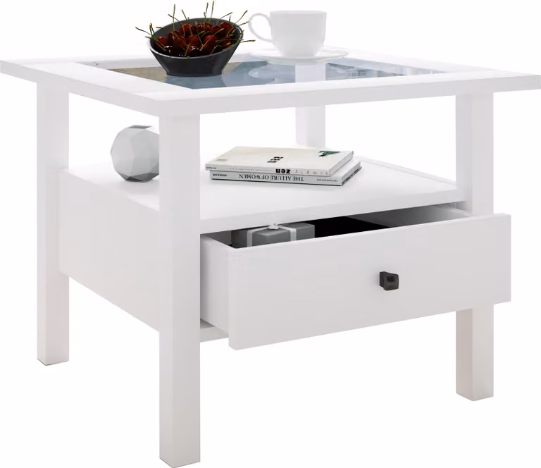 Tavolino in legno con vetro di sicurezza ESG | Tavolino semplice | Dimensioni ca. H. 42 x W. 54 x D. 54 cm | Tavolo soggiorno con cassetto | Divano - Lingis M