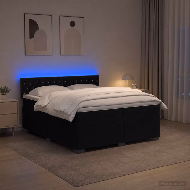 Letto con Box Spring, Materasso Ibrido e Illuminazione LED vidaXL in Velluto Nero 200 x 200 cm