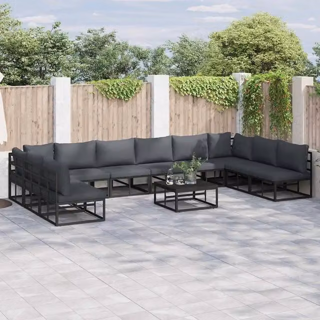 Set Divano da Giardino a L vidaXL 11 pz in Alluminio Antracite e Nero con Cuscini Inclusi