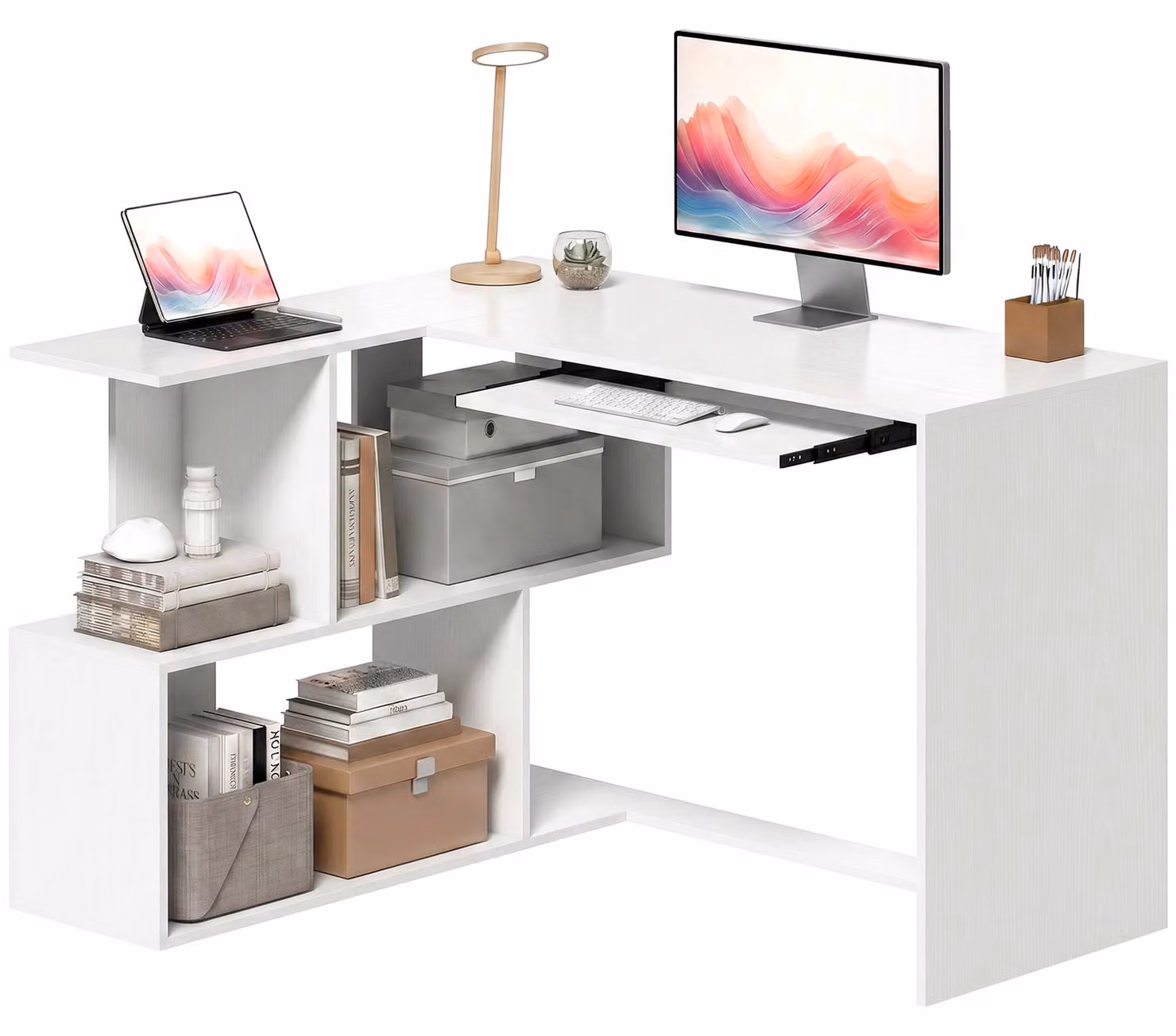 Scrivania angolare HOMCOM a forma di L, con cassetto per tastiera e 4 ripiani aperti