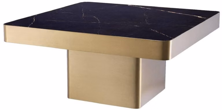 Tavolino Casa Padrino colore nero/ottone 81 x 81 x h. 38,5 cm - Tavolo da salotto quadrato in acciaio inox con piano in Vetroceramica - Mobili Soggiorno - Mobili