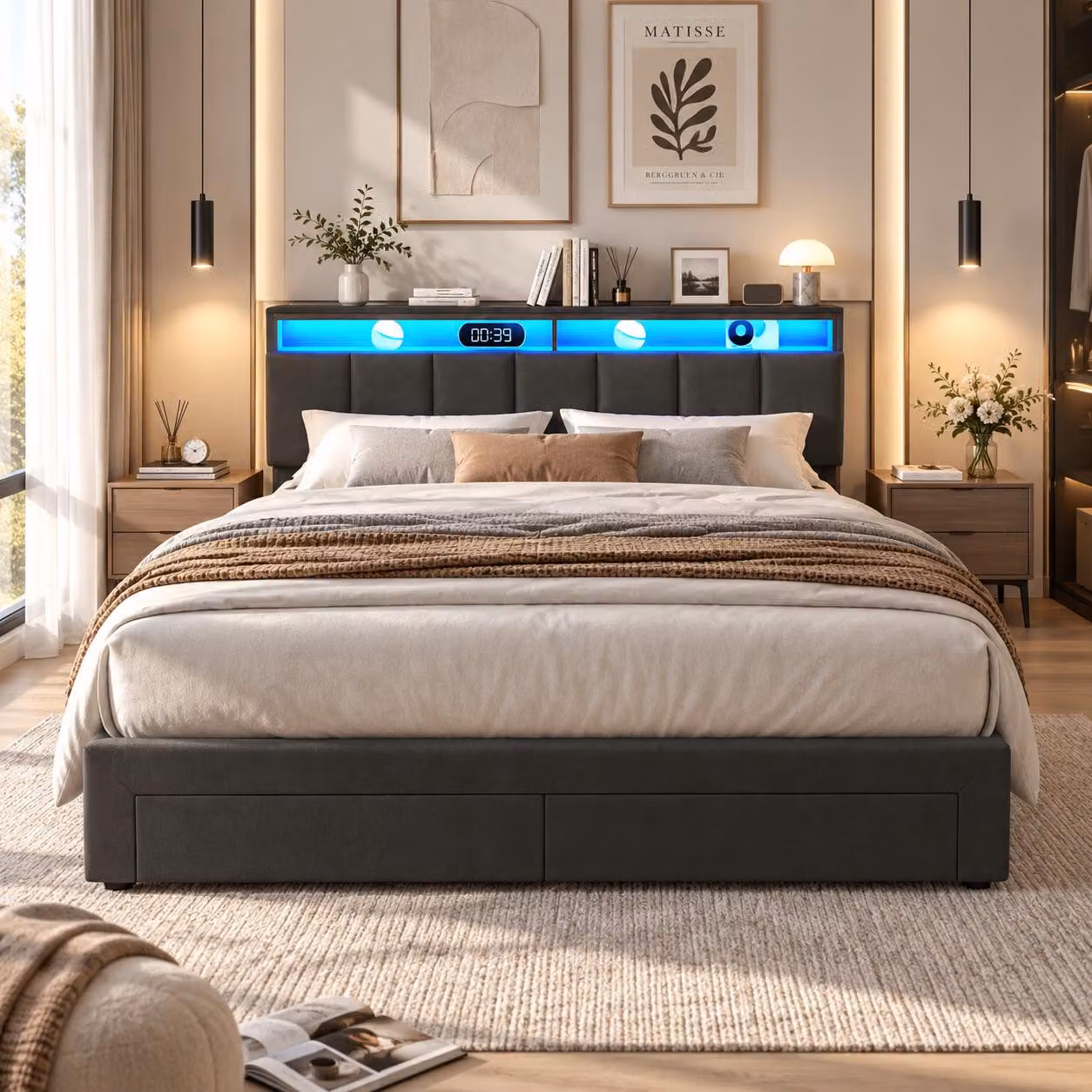 Letto imbottito con boxspring, dimensioni 180x200 cm, con illuminazione LED, letto matrimoniale con sistema di sollevamento idraulico, testiera, cassetto, 2 cassetti ai piedi, rete a molle, contenitore, colore grigio