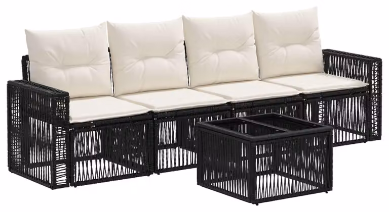 Set Divano da Giardino 5 pcs Nero e Bianco Crema polyrattan