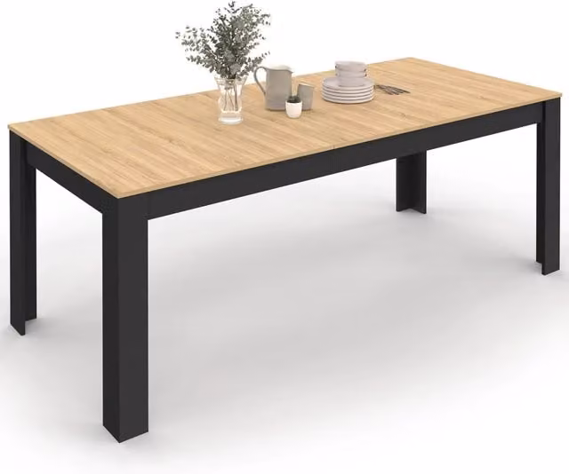 IDMarket - ROZY Tavolo da pranzo rettangolare allungabile per 6-10 persone, nero, piano effetto faggio 160-200 cm