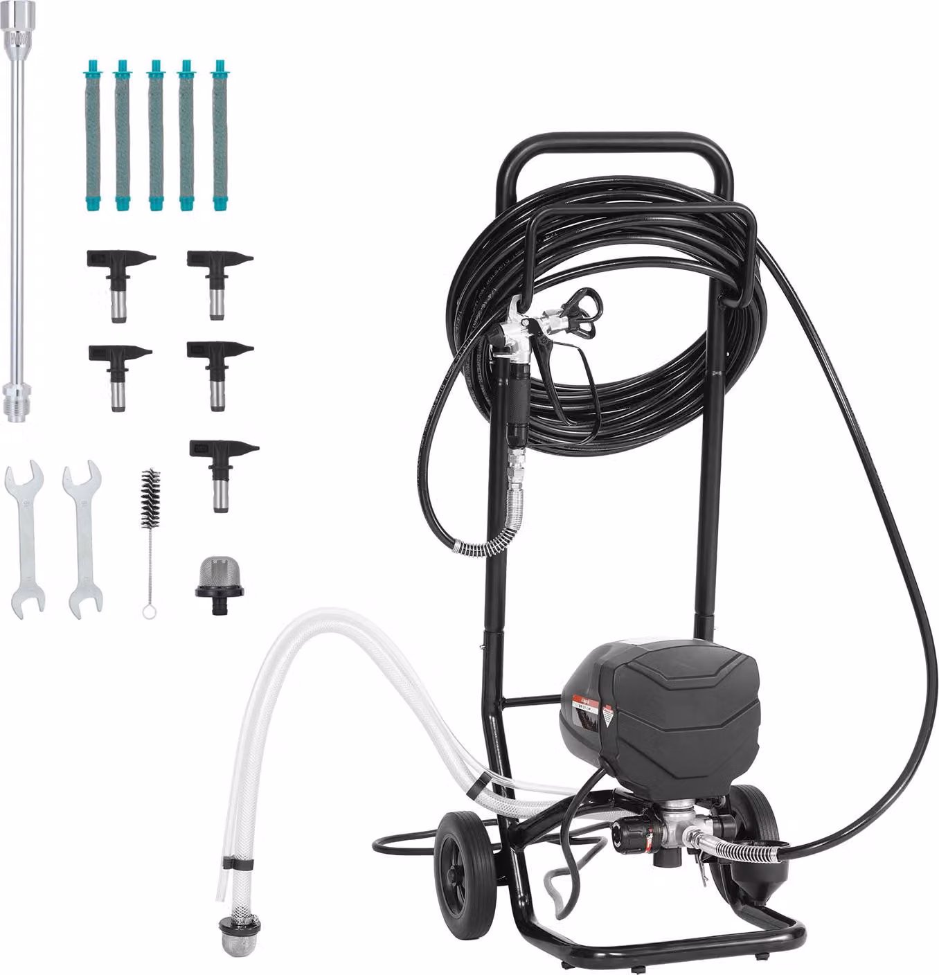 SucceBuy spruzzatore di vernice airless con supporto, 640 W di potenza e 3000 psi di pressione, sistema di spruzzatura della vernice che include spazzola di pulizia, tubo flessibile, asta di prolunga e ugelli - ideale per l'uso in case ed edifici