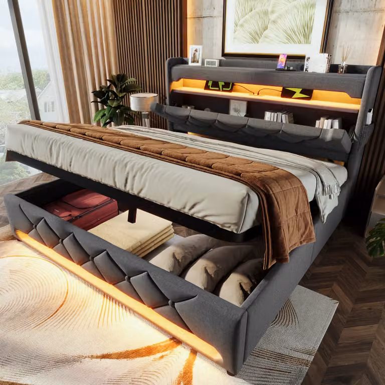 Letto per ragazzi STILVORA 160x200, letto imbottito senza materasso, struttura letto con vano contenitore nella testiera/cassettiera, letto con vano contenitore dotato di porta USB e porta Type-C e illuminazione a LED, grigio