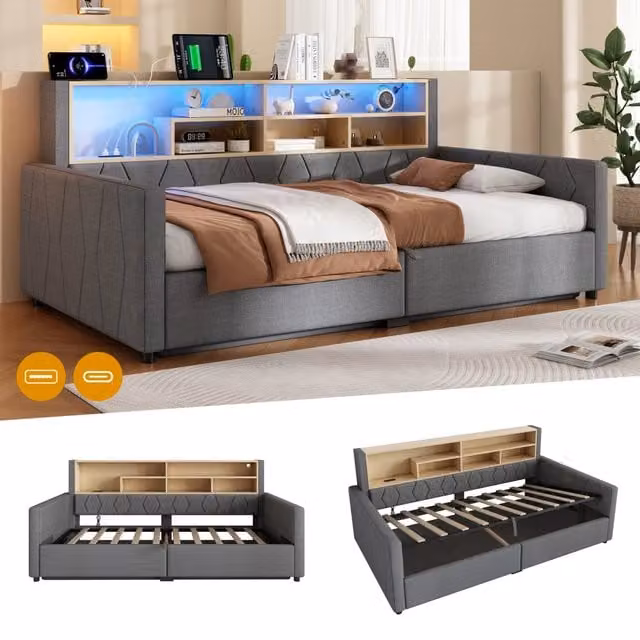 Letto singolo 90x200 cm con contenitore ad apertura idraulica; LED e prese USB; in lino grigio