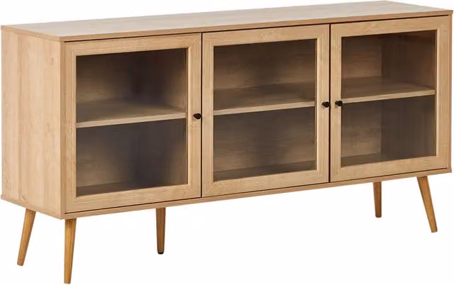 Credenza a 3 ante in truciolato marrone chiaro, gambe in legno di pino 2 ripiani con vetro frontale Stile minimalista