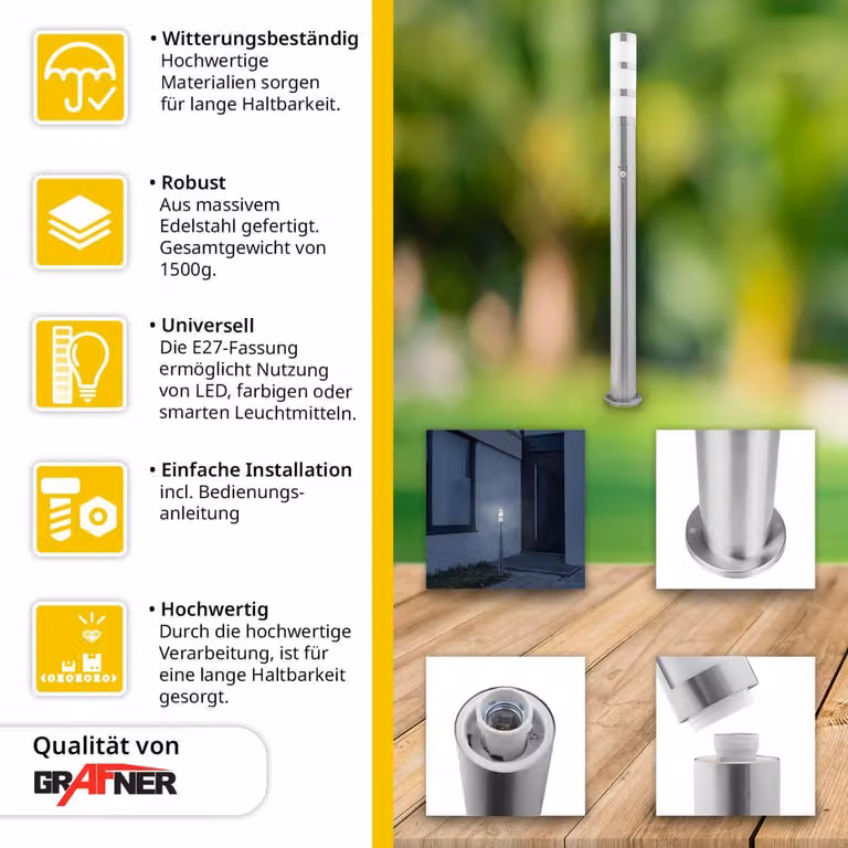 Grafner XXL lampada da sentiero in acciaio inox con rilevatore di movimento, altezza: 110 cm, 1x presa E27, IP44, lampada da sentiero lampada da giardino lampada da giardino lampada da terra per esterni lampada da bitta