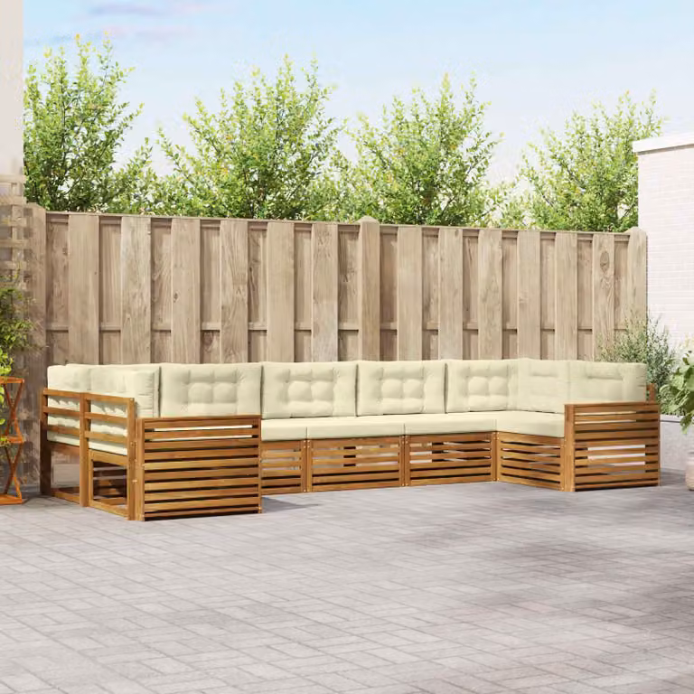 Set di divani da esterno vidaXL a forma di L composto da 7 pezzi in legno di acacia con cuscini beige e bianchi