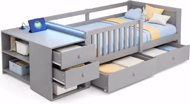 Letto per bambini 90x200 cm con cassetti; ripiani; LED e presa; grigio