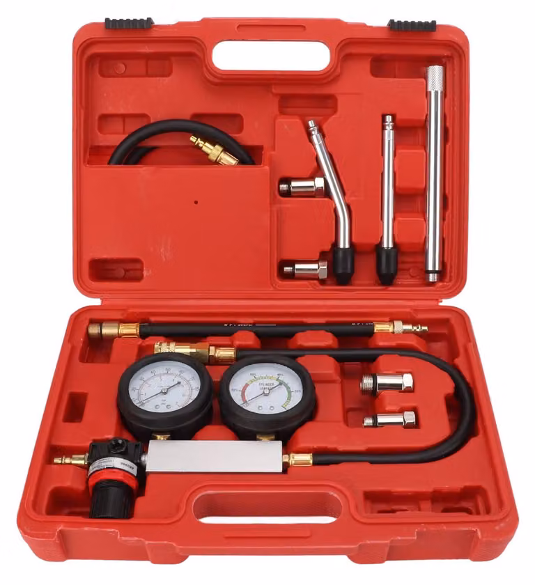 Tester per perdite - Manometro doppio - Tester per perdite nei cilindri - Controllo della pressione - Test di tenuta - Strumento per la compressione - Campo di test da 0 a 100 psi - Tubo da 18 pollici - Tester di compressione