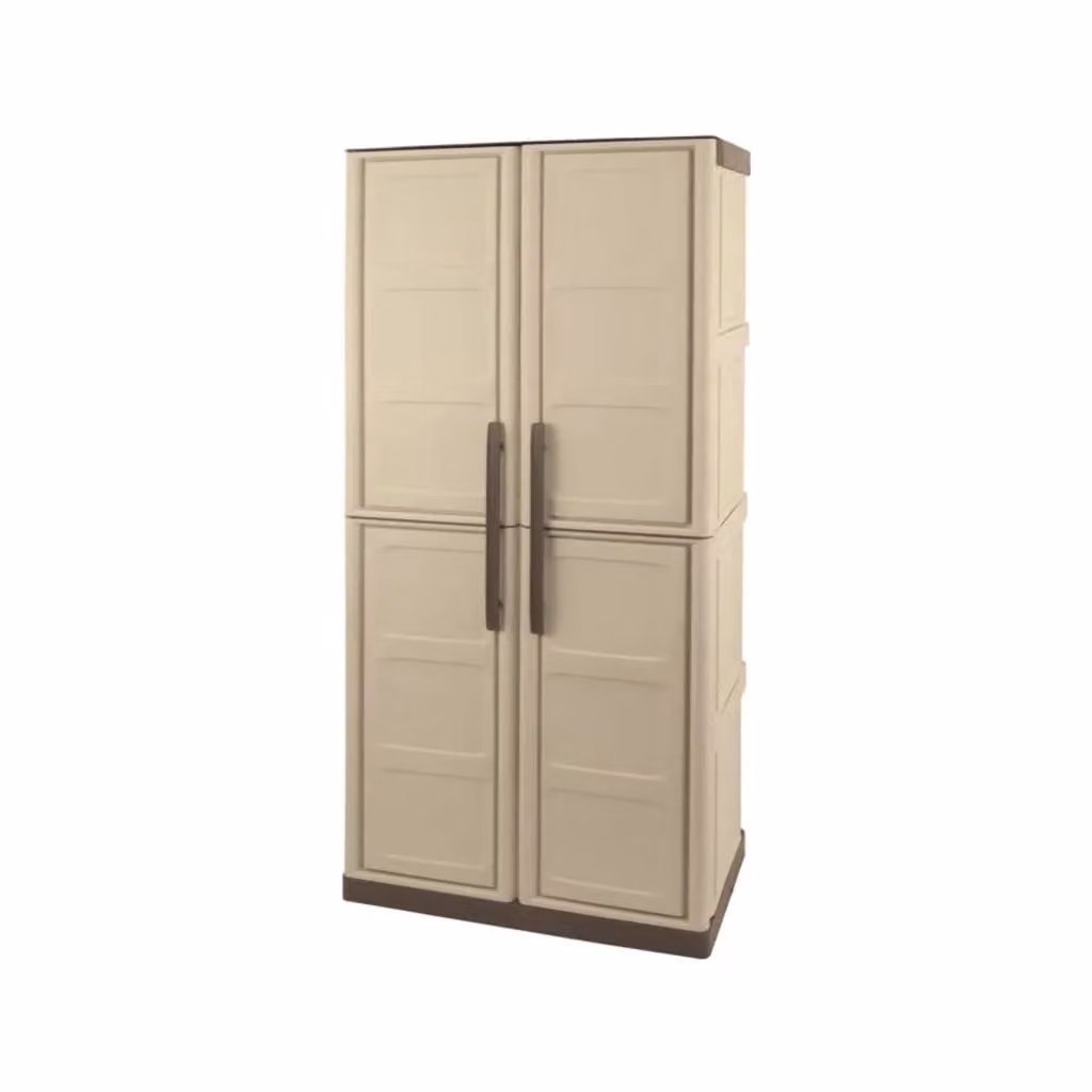 Armadio da giardino Adenina DMORA con 3 ripiani e serratura, colore beige, L: 70 cm, P: 39 cm, H: 165 cm – 2