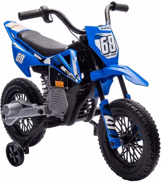 Moto elettrica per bambini con rotelle rimovibili, sospensioni, suoni e indicatore di carica, blu