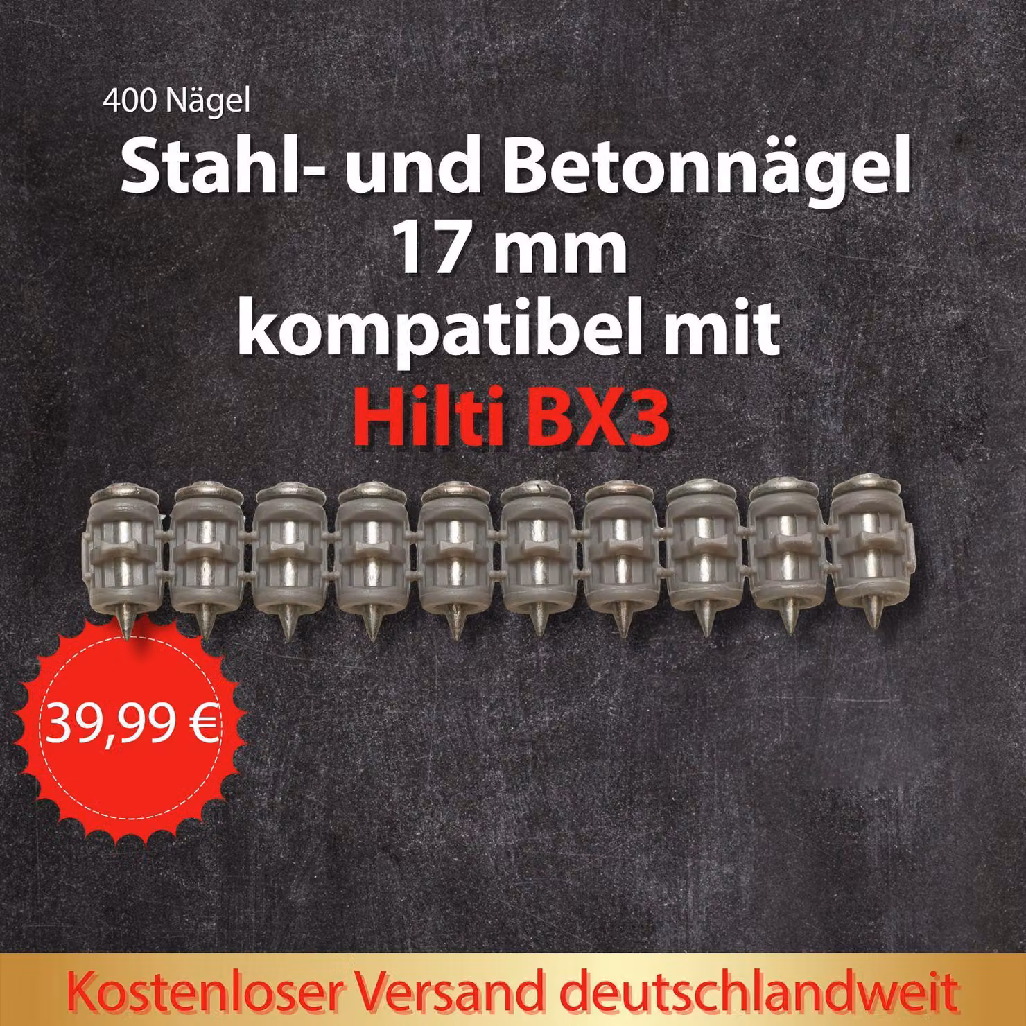 400 chiodi ad alta resistenza da 17 mm per acciaio e cemento – compatibili con Hilti BX 3/B3 – alternativa a X-P 17 B3 – chiodi di fissaggio professionali
