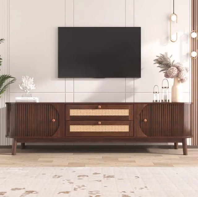 Mobile TV in MDF con Ante in Legno e Cassetti in Rattan, 170x46x39,5 cm, Colore Legno Naturale
