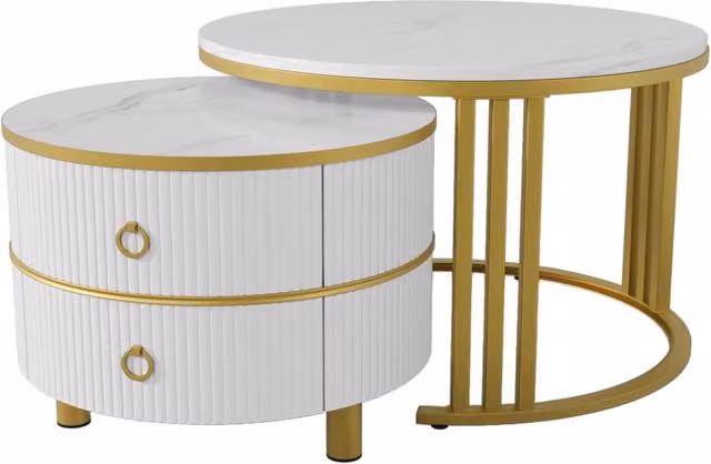 Set di 2 Tavolini Rotondi in MDF con Piano Lucido e Marmo Bianco, 70x70x46 + 50x50x40 cm