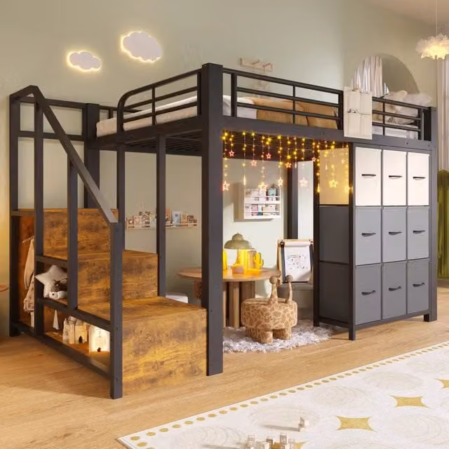 Letto a soppalco 140×200 cm con cassetti, scala contenitore, barra appendiabiti e barriera, senza materasso, nero