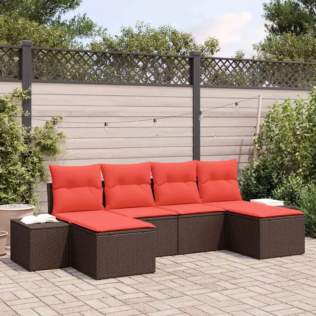 Set Divano da Giardino a L vidaXL con Ottoman, Struttura in Metallo e Polyrattan, Colore Marrone e Rosso con Cuscini Inclusi