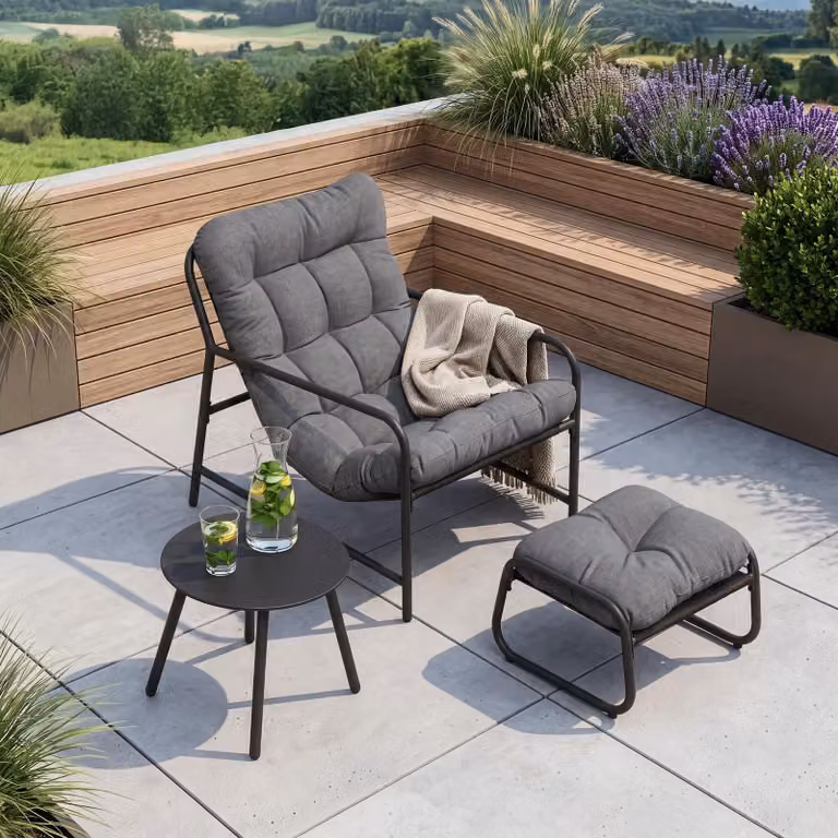 Set di mobili da giardino "Trerdfjoa" composto da: sedia da giardino, tavolo da giardino e poggiapiedi. Struttura in metallo, colore grigio scuro